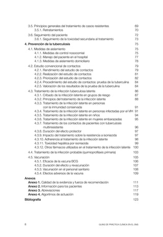 3.5. Principios generales del tratamiento de casos resistentes                        69
         3.5.1. retratamientos                                                            70
    3.6. seguimiento del paciente                                                         72
         3.6.1. seguimiento de la toxicidad secundaria al tratamiento                     73
4. Prevención de la tuberculosis                                                          75
    4.1. Medidas de aislamiento                                                           75
         4.1.1. Medidas de control nosocomial                                             75
         4.1.2. Manejo del paciente en el hospital                                        77
         4.1.3. Medidas de aislamiento domiciliario                                       78
    4.2. Estudio convencional de contactos                                                79
         4.2.1. rendimiento del estudio de contactos                                      79
         4.2.2. realización del estudio de contactos                                      81
         4.2.3. Priorización del estudio de contactos                                     82
         4.2.4. Procedimiento del estudio de contactos: prueba de la tuberculina          84
         4.2.5. valoración de los resultados de la prueba de la tuberculina               84
    4.3. tratamiento de la infección tuberculosa latente                              86
         4.3.1. Cribado de la infección latente en grupos de riesgo                   87
         4.3.2. Principios del tratamiento de la infección latente                    88
         4.3.3. tratamiento de la infección latente en personas
                con la inmunidad conservada                                           91
         4.3.4. tratamiento de la infección latente en personas infectadas por el vIH 91
         4.3.5. tratamiento de la infección latente en niños                          94
         4.3.6. tratamiento de la infección latente en mujeres embarazadas            95
         4.3.7. tratamiento de los contactos de pacientes con tuberculosis
                multirresistente                                                      96
         4.3.8. Duración del efecto protector                                         97
         4.3.9. Impacto del tratamiento sobre la resistencia a isoniacida             97
         4.3.10. adherencia al tratamiento de la infección latente                    98
         4.3.11. toxicidad hepática por isoniacida                                    99
         4.3.12. Otros fármacos utilizados en el tratamiento de la infección latente 100
    4.4. tratamiento de la infección probable (quimioprofilaxis primaria)                103
    4.5. vacunación                                                                      105
         4.5.1. Eficacia de la vacuna BCG                                                106
         4.5.2. Duración del efecto y revacunación                                       107
         4.5.3. vacunación en el personal sanitario                                      108
         4.5.4. Efectos adversos de la vacuna                                            109
Anexos
  Anexo 1. Calidad de la evidencia y fuerza de recomendación                             111
  Anexo 2. Información para los pacientes                                                113
  Anexo 3. abreviaciones                                                                 117
  Anexo 4. algoritmos de actuación                                                       119
Bibliografía                                                                             123




8                                                          Guías DE PráCtICa ClíNICa EN El sNs
 