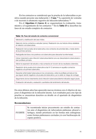 En los contactos se considerará que la prueba de la tuberculina es po-
sitiva cuando presente una induración $ 5 mm.186 La aparición de vesículas
o de necrosis es altamente sugestiva de infección tuberculosa.148
      En el Algoritmo 4 (Anexo 4) se esquematizan la evaluación, trata-
miento y el seguimiento de los contactos.173 En la Tabla 13 se describen las
fases de un estudio completo de contactos.


 Tabla 13. Fase del estudio de contactos convencional

 valoración y clasificación del caso índice.

 selección de los contactos a estudiar (censo). realización de una historia clínica detallada
 en relación a la tuberculosis.

 realización de la prueba de la tuberculina a los contactos de prioridad alta y media dentro
 de la primera semana.

 radiografía de tórax a los positivos a la tuberculina para descartar la enfermedad.

 Indicar tratamiento para infección tuberculosa latente (una vez descartada la tuberculosis) o
 bien profilaxis primaria.

 valorar la expansión del estudio a más contactos en función de los resultados obtenidos.

 repetición de la prueba de la tuberculina a las 8-12 semanas en aquellos contactos
 negativos a la primera tuberculina.

 Descartar enfermedad tuberculosa en los conversores y retirar la profilaxis primaria en los
 que siguen siendo negativos a la prueba de tuberculina y ya no están en riesgo de contagio.

 seguimiento de los tratamientos de la infección tuberculosa latente indicados según pauta.

 Finalización del estudio y evaluación cuantitativa del rendimiento del estudio.



En estos últimos años han aparecido nuevas técnicas con el objetivo de me-
jorar el diagnóstico de la infección latente. Los resultados para este tipo de
pruebas se encuentran descritos en detalle en el apartado de diagnóstico
de la infección.

Recomendaciones

                  Se recomienda iniciar precozmente un estudio de contac-
                  tos ante el diagnóstico de tuberculosis pulmonar, pleural o
 FUERTE           laríngea, siendo prioritario en las formas más contagiosas
                  como formas pulmonares cavitadas y/o con baciloscopia de
                  esputo positiva.




Guía DE PráCtICa ClíNICa sOBrE El DIaGNóstICO,
El trataMIENtO y la PrEvENCIóN DE la tuBErCulOsIs                                               85
 