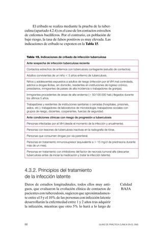 El cribado se realiza mediante la prueba de la tuber-
culina (apartado 4.2.4) en el caso de los contactos estrechos
de enfermos bacilíferos. Por el contrario, en población de
bajo riesgo, la tasa de falsos positivos es muy elevada. Las
indicaciones de cribado se exponen en la Tabla 15.


 Tabla 15. Indicaciones de cribado de infección tuberculosa

 Ante sospecha de infección tuberculosa reciente

 Contactos estrechos de enfermos con tuberculosis contagiante (estudio de contactos).

 adultos convivientes de un niño , 5 años enfermo de tuberculosis.

 Niños y adolescentes expuestos a adultos de riesgo (infección por el vIH mal controlada,
 adictos a drogas ilícitas, sin domicilio, residentes en instituciones de ingreso crónico,
 presidiarios, inmigrantes de países de alta incidencia o trabajadores de granjas).

 Inmigrantes procedentes de áreas de alta endemia (. 50/100.000 hab.) llegados durante
 los últimos 5 años.

 trabajadores y residentes de instituciones sanitarias o cerradas (hospitales, prisiones,
 asilos, etc.); trabajadores de laboratorios de microbiología; trabajadores sociales con
 grupos de riesgo, docentes, cooperantes, fuerzas de seguridad.

 Ante condiciones clínicas con riesgo de progresión a tuberculosis

 Personas infectadas por el vIH (desde el momento de la infección y anualmente).

 Personas con lesiones de tuberculosis inactivas en la radiografía de tórax.

 Personas que consumen drogas por vía parenteral.

 Personas en tratamiento inmunosupresor (equivalente a . 15 mg/d de prednisona durante
 más de un mes).

 Personas en tratamiento con inhibidores del factor de necrosis tumoral alfa (descartar
 tuberculosis antes de iniciar la medicación y tratar la infección latente).




4.3.2. Principios del tratamiento
de la infección latente
Datos de estudios longitudinales, todos ellos muy anti-                          Calidad
guos, que evaluaron la evolución clínica de contactos de                         BAJA
pacientes con tuberculosis, sugieren que aproximadamen-
te entre el 5 y el 10% de las personas con infección latente
desarrollarán la enfermedad entre 1 y 2 años tras adquirir
la infección, mientras que otro 5% lo hará a lo largo de




88                                                             Guías DE PráCtICa ClíNICa EN El sNs
 