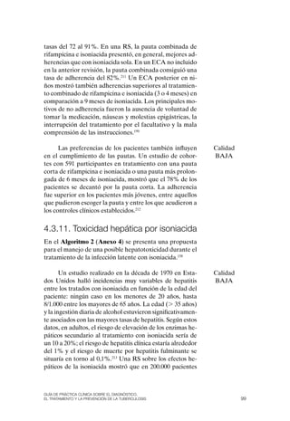 tasas del 72 al 91%. En una RS, la pauta combinada de
rifampicina e isoniacida presentó, en general, mejores ad-
herencias que con isoniacida sola. En un ECA no incluido
en la anterior revisión, la pauta combinada consiguió una
tasa de adherencia del 82%.211 Un ECA posterior en ni-
ños mostró también adherencias superiores al tratamien-
to combinado de rifampicina e isoniacida (3 o 4 meses) en
comparación a 9 meses de isoniacida. Los principales mo-
tivos de no adherencia fueron la ausencia de voluntad de
tomar la medicación, náuseas y molestias epigástricas, la
interrupción del tratamiento por el facultativo y la mala
comprensión de las instrucciones.199

      Las preferencias de los pacientes también influyen        Calidad
en el cumplimiento de las pautas. Un estudio de cohor-          BAJA
tes con 591 participantes en tratamiento con una pauta
corta de rifampicina e isoniacida o una pauta más prolon-
gada de 6 meses de isoniacida, mostró que el 78% de los
pacientes se decantó por la pauta corta. La adherencia
fue superior en los pacientes más jóvenes, entre aquellos
que pudieron escoger la pauta y entre los que acudieron a
los controles clínicos establecidos.212


4.3.11. toxicidad hepática por isoniacida
En el Algoritmo 2 (Anexo 4) se presenta una propuesta
para el manejo de una posible hepatotoxicidad durante el
tratamiento de la infección latente con isoniacida.158

       Un estudio realizado en la década de 1970 en Esta-       Calidad
dos Unidos halló incidencias muy variables de hepatitis         BAJA
entre los tratados con isoniacida en función de la edad del
paciente: ningún caso en los menores de 20 años, hasta
8/1.000 entre los mayores de 65 años. La edad (. 35 años)
y la ingestión diaria de alcohol estuvieron significativamen-
te asociados con las mayores tasas de hepatitis. Según estos
datos, en adultos, el riesgo de elevación de los enzimas he-
páticos secundario al tratamiento con isoniacida sería de
un 10 a 20%; el riesgo de hepatitis clínica estaría alrededor
del 1% y el riesgo de muerte por hepatitis fulminante se
situaría en torno al 0,1%.213 Una RS sobre los efectos he-
páticos de la isoniacida mostró que en 200.000 pacientes



Guía DE PráCtICa ClíNICa sOBrE El DIaGNóstICO,
El trataMIENtO y la PrEvENCIóN DE la tuBErCulOsIs                         99
 