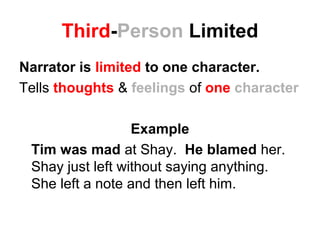Third-Person Limited
Narrator is limited to one character.
Tells thoughts & feelings of one character
Example
Tim was mad at Shay. He blamed her.
Shay just left without saying anything.
She left a note and then left him.
 