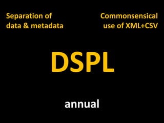 Separation of <br />data & metadata<br />Commonsensical<br />use of XML+CSV<br />DSPL<br />annual<br />
