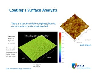 Coating’s Surface Analysis


       There is a certain surface roughness, but not
       on such scale as in the traditional AR



                          White Light Optical Profiler



                                                         AFM image




Glass Performance Days, Finland 2011
 