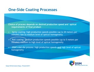 One-Side Coating Processes


   Choice of process depends on desired production speed and optical
      requirements of final product

   •    Spray coating: high production speeds possible (up to 20 meters per
        minute); low to medium level of optical homogeneity

   •    Roll coating: medium production speeds possible (up to 5 meters per
        minute); medium to high level of optical homogeneity

   •     DSM’s slot-die process: high production speeds and high level of optical
        homogeneity




Glass Performance Days, Finland 2011
 