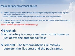 Main peripheral arterial pluses
 Radial :Radial pulse is felt with tips of the fingers compressing the vessel against
the lower end of the radius.
Patient’s forearm should be slightly pronated and the wrist slightly flexed.
 Carotid : Right carotid is the best examined with the left thumb and the left carotid
with the right thumb.
(Never examine both carotids simultaneously)
Brachial:
Brachial artery is compressed against the humerus
just above the antecubital fossa.
Femoral : The femoral arteries lie midway
between the iliac crest and the pubic ramus.
 
