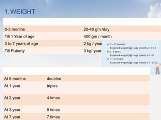 1.WEIGHT
Age Weight Gain
0-3 months 20-40 gm /day
Till 1 Year of age 400 gm / month
3 to 7 years of age 2 kg / year
Till Puberty 3 kg/ year
Age Wt. approx. (of birth weight )
At 6 months doubles
At 1 year triples
At 2 year 4 times
At 3 year 5 times
At 7 year 7 times
 