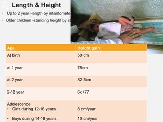 2. Length & Height
• Up to 2 year -length by infantometer.
• Older children -standing height by stadiometer.
Age Height gain
At birth 50 cm
at 1 year 75cm
at 2 year 82.5cm
2-12 year 6x+77
Adolescence
• Girls during 12-16 years
• Boys during 14-18 years
8 cm/year
10 cm/year
 