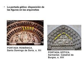 • La portada gótica: disposición de
las figuras en las arquivoltas

PORTADA ROMÁNICA.
Santo Domingo de Soria, s. XII

PORTADA GÓTICA.
Sarmental. Catedral de
Burgos, s. XIII

 
