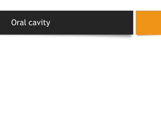 Oral cavity
• The teeth and breath
• Check the oral cavity looking for
• MOUTH ULCERS
-Aphtous,drugs and trauma
-gastrointestinal disease;inflammatory bowel disease,coeliac disease
-rheumatological;Behcets syndrome,reiter
• -erythema multiforme
-infections;herpes zoster,simplex,syphilis,tuberculosis
 