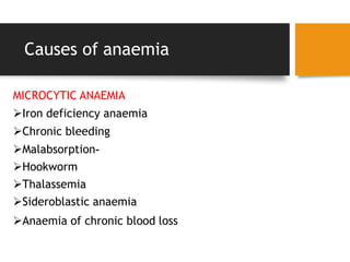 Causes of anaemia
MICROCYTIC ANAEMIA
Iron deficiency anaemia
Chronic bleeding
Malabsorption-
Hookworm
Thalassemia
Sideroblastic anaemia
Anaemia of chronic blood loss
 