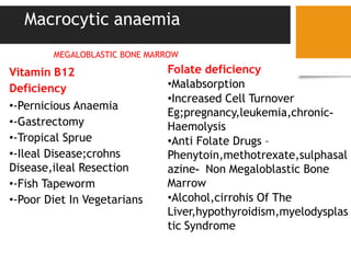 Macrocytic anaemia
Vitamin B12
Deficiency
•-Pernicious Anaemia
•-Gastrectomy
•-Tropical Sprue
•-Ileal Disease;crohns
Disease,ileal Resection
•-Fish Tapeworm
•-Poor Diet In Vegetarians
MEGALOBLASTIC BONE MARROW
Folate deficiency
•Malabsorption
•Increased Cell Turnover
Eg;pregnancy,leukemia,chronic-
Haemolysis
•Anti Folate Drugs –
Phenytoin,methotrexate,sulphasal
azine- Non Megaloblastic Bone
Marrow
•Alcohol,cirrohis Of The
Liver,hypothyroidism,myelodysplas
tic Syndrome
 