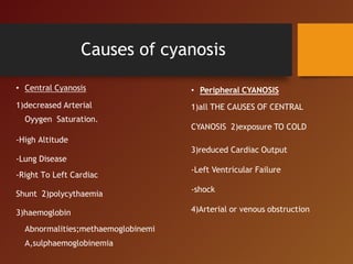 Causes of cyanosis
• Central Cyanosis
1)decreased Arterial
Oyygen Saturation.
-High Altitude
-Lung Disease
-Right To Left Cardiac
Shunt 2)polycythaemia
3)haemoglobin
Abnormalities;methaemoglobinemi
A,sulphaemoglobinemia
• Peripheral CYANOSIS
1)all THE CAUSES OF CENTRAL
CYANOSIS 2)exposure TO COLD
3)reduced Cardiac Output
-Left Ventricular Failure
-shock
4)Arterial or venous obstruction
 
