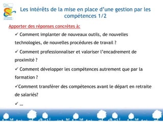 Les enjeux de la gestion des compétencesEnjeux économiques (s’adapter aux évolutions des marchés, aux évolutions techniques, technologiques…)Enjeux de qualitéEnjeux sociaux (maintenir les salariés dans l’emploi, développer leur employabilité, développer l’attractivité des entreprises…)Enjeux liés aux conditions de travail