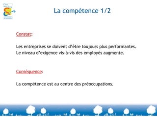 Evolution: d’une logique de qualification vers une logique de compétence    Qualification: « appréciation, sur une grille hiérarchique, de la valeur professionnelle d’un salarié, en fonction de sa formation initiale, de son expérience professionnelle, de la nature de son travail et de son niveau de responsabilité » (Schwartz, 1998)Evolutiondue aux grandes restructurations industrielles et à la montée du chômage des années 80Vers…La compétence ou la prise en compte du travail réel