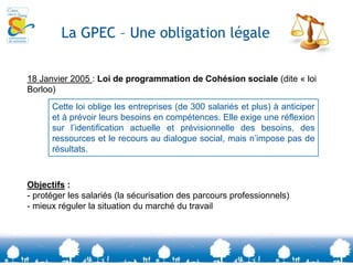 La GPEC – Une obligation légale18 Janvier 2005 : Loi de programmation de Cohésion sociale (dite « loi Borloo)Objectifs :  protéger les salariés (la sécurisation des parcours professionnels) 