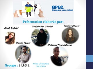 Groupe : 2 LFG 9
Année universitaire
2019/2020
Mohamed Nour Sahnoun
Houyem Ben Ghorbel Yasmine Dhaoui
Wassim Manai
Rihab Trabelsi
Présentation élaborée par:
 