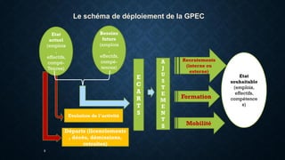 Le schéma de déploiement de la GPEC
Etat
actuel
(emplois
,
effectifs,
compé-
Tences)
Besoins
futurs
(emplois
,
effectifs,
compé-
tences)
Evolution de l’activité
Départs (licenciements
, décès, démissions,
retraites)
E
C
A
R
T
S
A
J
U
S
T
E
M
E
N
T
S
Recrutements
(interne ou
externe)
Formation
Mobilité
Etat
souhaitable
(emplois,
effectifs,
compétence
s)
6
 