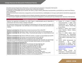 Colegio Nacional de Educación Profesional Técnica
ECOR-01 21/ 108
5.6 Utiliza las tecnologías de la información y comunicación para procesar e interpretar información.
6.4 Estructura ideas y argumentos de manera clara, coherente y sintética.
7.2 Identifica las actividades que le resultan de menor y mayor interés y dificultad, reconociendo y controlando sus reacciones frente a
retos y obstáculos.
8.3 Asume una actitud constructiva, congruente con los conocimientos y habilidades con los que cuenta dentro de distintos equipos de
trabajo.
9.4 Contribuye a alcanzar un equilibrio entre el interés y bienestar individual y el interés general de la sociedad.
10.1 Asume que el respeto de las diferencias es el principio de integración y convivencia en los contextos local, nacional e internacional
Estrategias de Aprendizaje Recursos didácticos
Realizar las siguientes actividades con orden lógico y sistematizado para el desarrollo y
presentación de temas, tareas y trabajos indicados:
Es importante destacar que las actividades de aprendizaje en las que aparece las siglas (PT)
Packet Tracer corresponden a las definidas en el simulador de redes que acompaña este
módulo.
Realizar la actividad No. 43 “Identificar el direccionamiento IPv4 e IPv6 (PT)”.
Realizar la actividad No. 44 “Utilizar Ping y Traceroute para probar la conectividad de red”.
Realizar la actividad No. 45 “Utilizar Ping y Traceroute para probar la conectividad de red
(PT)”.
Realizar la actividad No. 46 “Utilizar ICMP para probar y corregir la conectividad de red (PT)”.
Realizar la actividad No. 47 “Generar comunicaciones de TCP y UDP (PT”.
Realizar la actividad No. 48 “Identificar la resolución de nombres DNS”.
Participar en la ejemplificación de la actividad de evaluación del resultado de aprendizaje,
solventar dudas con el docente y exponer las dudas relacionadas con los contenidos.
Realizar la actividad de evaluación 3.1.1
Realizar la actividad No. 49 “Identificar de amenazas de seguridad de red”.
Realizar la actividad No. 50 “Configurar contraseñas seguras y SSH (PT)”.
Realizar la actividad No. 51 “Configurar dispositivos de red con SSH”.
Realizar la actividad No. 52 “Uso de dispositivos de red seguros (PT)”.
Realizar la actividad No. 53 “Verificar la latencia de red con Ping y Traceroute”.
Realizar la actividad No. 54 “Solucionar problemas de conectividad”.
Realizar la actividad No. 55 “Verificar Troubleshoot Connectivity Issues (PT)”.
Realizar la actividad No. 56 “Solucionar problemas de conectividad - Modo Físico (PT)”.
Realizar la actividad No. 57 “Diseñar y construir una red pequeña (PT)”.
• Fusario, R. y Castro, A. (2015).
Comunicaciones y redes para
profesionales en sistemas de
información. México, Alfaomega
Grupo Editor.
• Pedrosa, A. (2013). Cisco Ccnav7.
Curso Práctico. México. Altaria
Publicaciones.
• Pérez, D. (2018) Redes Cisco.
Fundamentos de networking
para el examen De certificación
CCNA. México. Alfaomega Grupo
Editor.
• CISCO, (2021) Herramienta de
simulación de redes.
Introducción a Packet Tracer.
Recuperado el (04/11/2021) de:
https://www.netacad.com/course
s/packet-tracer/introduction-
packet-tracer
• CISCO, (2021) Cursos de
networking. Introducción a las
redes. Recuperado el (04/11/2021)
 
