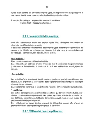 16
Après avoir identifié les différents emplois types, on regroupe ceux qui participent à
une même finalité en ce qu’on appelle des familles professionnelles :
Exemple : Emploi-type : responsable, assistant, secrétaire
Famille Prof. : Ressources humaines
3.1.2 Le référentiel des emplois :
Une fois l’identification finale des emplois types faits, l’entreprise doit établir un
répertoire ou référentiel des emplois.
C’est la liste ordonnée de l’ensemble des emplois-types de l’entreprise permettant de
décrire et de détailler ce qu’un groupe d’agents doit faire dans le cadre de l’emploi
qu’il occupe : sa mission , son activité , et ses tâches.
• Les missions :
Elles correspondent aux différentes finalités.
Ex. : Il revient à un cadre de premier niveau de fixer à son équipe des performances
(collectives et individuelles) à atteindre à partir des orientations stratégiques du
service.
• Les activités :
Les activités d’une situation de travail correspondent à ce que fait concrètement son
titulaire. Elles expriment la façon dont il doit s’y prendre concrètement pour accomplir
chacune de ses missions.
Ex. : Solliciter sa hiérarchie et ses différents «Clients» afin de recueillir leurs attentes.
• Les tâches :
Les tâches correspondent aux différentes opérations qui doivent être effectuées pour
réaliser correctement chaque activité. Les tâches expriment, comme les activités, ce
que doit faire, concrètement, le titulaire de l’emploi analysé, mais avec un niveau de
précision beaucoup plus important.
Ex. : «Collecter les traces écrites émanant de différentes sources afin d’avoir un
premier niveau de cadrage stratégique précis et pertinent»
3.1.3 Référentiel des compétences :
 