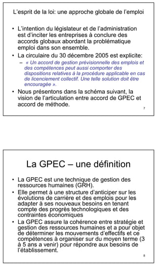 L’esprit de la loi: une approche globale de l’emploi

• L’intention du législateur et de l’administration
  est d’inciter les entreprises à conclure des
  accords globaux abordant la problématique
  emploi dans son ensemble.
• La circulaire du 30 décembre 2005 est explicite:
  – « Un accord de gestion prévisionnelle des emplois et
    des compétences peut aussi comporter des
    dispositions relatives à la procédure applicable en cas
    de licenciement collectif. Une telle solution doit être
    encouragée ».
• Nous présentons dans la schéma suivant, la
  vision de l’articulation entre accord de GPEC et
  accord de méthode.
                                                          7




     La GPEC – une définition
• La GPEC est une technique de gestion des
  ressources humaines (GRH).
• Elle permet à une structure d’anticiper sur les
  évolutions de carrière et des emplois pour les
  adapter à ses nouveaux besoins en tenant
  compte des progrès technologiques et des
  contraintes économiques
• La GPEC assure la cohérence entre stratégie et
  gestion des ressources humaines et a pour objet
  de déterminer les mouvements d’effectifs et ce
  compétences à organiser sur du moyen terme (3
  à 5 ans a venir) pour répondre aux besoins de
  l’établissement.
                                                          8
 