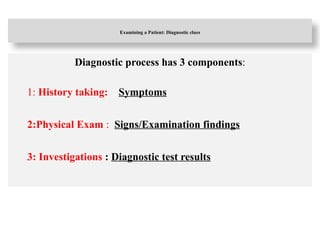 Examining a Patient: Diagnostic clues
Diagnostic process has 3 components:
1: History taking: –Symptoms
2:Physical Exam : Signs/Examination findings
3: Investigations : Diagnostic test results
 