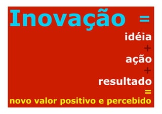 Inovação                    =
                       idéia
                           +
                        ação
                           +
                   resultado
                             =
novo valor positivo e percebido
 