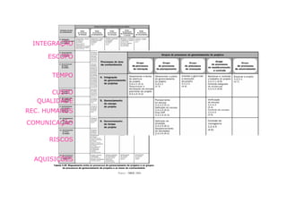 INTEGRAÇÃO

     ESCOPO


      TEMPO

      CUSTO
  QUALIDADE
REC. HUMANOS

COMUNICAÇÃO

      RISCOS


  AQUISIÇÕES
 