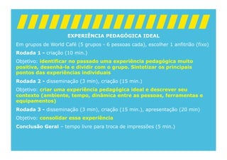 EXPERIÊNCIA PEDAGÓGICA IDEAL
Em grupos de World Café (5 grupos - 6 pessoas cada), escolher 1 anfitrião (fixo)
Rodada 1 - criação (10 min.)
Objetivo: identificar no passado uma experiência pedagógica muito
positiva, desenhá-la e dividir com o grupo. Sintetizar os principais
pontos das experiências individuais
Rodada 2 - disseminação (3 min), criação (15 min.)
Objetivo: criar uma experiência pedagógica ideal e descrever seu
contexto (ambiente, tempo, dinâmica entre as pessoas, ferramentas e
equipamentos)
Rodada 3 - disseminação (3 min), criação (15 min.), apresentação (20 min)
Objetivo: consolidar essa experiência
Conclusão Geral – tempo livre para troca de impressões (5 min.)
 