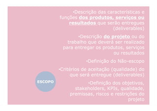 •  escrição das características e
               D
         funções dos produtos, serviços ou
             resultados que serão entregues
                                (deliverables)
                  •  escrição do projeto ou do
                   D
             trabalho que deverá ser realizado
           para entregar os produtos, serviços
                                  ou resultados
                     •  efinição do Não-escopo
                      D
         •  ritérios de aceitação (qualidade) do
          C
                que será entregue (deliverables)
ESCOPO               •  efinição dos objetivos,
                      D
                stakeholders, KPIs, qualidade,
              premissas, riscos e restrições do
                                        projeto
 