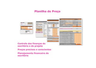 Planilha de Preço




Controle das finanças do
escritório e do projeto
Preços precisos e conscientes
Planejamento financeiro do
escritório
 
