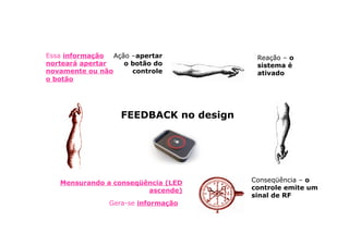 Essa informação  Ação –apertar           Reação – o
norteará apertar    o botão do           sistema é
novamente ou não      controle           ativado
o botão




                   FEEDBACK no design




   Mensurando a conseqüência (LED       Conseqüência – o
                        ascende)        controle emite um
                                        sinal de RF
                Gera-se informação
 