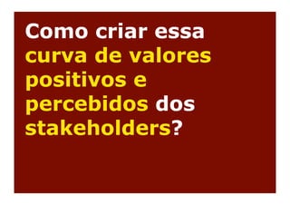 Como criar essa
curva de valores
positivos e
percebidos dos
stakeholders?
 