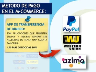 APP DE TRANSFERENCIA
DE DINERO:
SON APLICACIONES QUE PERMITEN
ENVIAR Y RECIBIR DINERO SIN
NECESIDAD DE TENER UNA CUENTA
BANCARIA.
LAS MÁS CONOCIDAS SON:
 