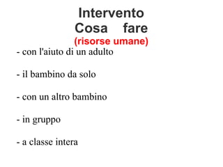 Intervento
Cosa fare
(risorse umane)
- con l'aiuto di un adulto
- il bambino da solo
- con un altro bambino
- in gruppo
- a classe intera
 