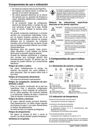 • No dañe las tuberías del circuito frigorífico.
• No trabaje con llamas libres ni fuentes de
ignición en el interior del aparato.
• No utilice aparatos eléctricos en el interior
del aparato (por ej. aparatos de limpieza a
vapor, aparatos calefactores, preparadores
de helados etc.).
• Si se producen fugas de refrigerante:
elimine las llamas libres o fuentes de igni-
ción cercanas al lugar de la fuga. Ventile
bien el recinto. Diríjase al servicio post-
venta.
- No guarde sustancias explosivas o envases
aerosol con propulsores inflamables como,
por. ej. butano, propano, pentano, etc. en el
aparato. Estos envases aerosol se pueden
distinguir por la indicación de contenido
impresa o por el símbolo de una llama. El gas
que se escape se puede inflamar con compo-
nentes eléctricos.
- Mantenga lejos del aparato velas encen-
didas, lámparas u otros objetos con llamas
libres para no prender fuego al aparato.
- Guarde las bebidas alcohólicas o cualquier
otro envase que contenga alcohol sólo
herméticamente cerrado. El alcohol que se
escape se puede inflamar con componentes
eléctricos.
Peligro de caída o vuelco:
- No utilice indebidamente el zócalo, los
cajones, las puertas, etc. como peldaño o
para apoyarse. Esto se aplica sobre todo a
los niños.
Peligro de intoxicación alimentaria:
- No consuma alimentos superpuestos.
Peligro de congelación, sensación de atur-
dimiento y dolor:
- Evite un contacto continuado de la piel con
superficies frías o alimentos refrigerados/
congelados o tome medidas de protección,
por ej. utilice guantes. No consuma helados
y, en particular, helados de hielo o cubitos de
hielo al instante ni demasiado fríos.
Peligro de daños y lesiones:
- El vapor caliente puede provocar lesiones.
Para desescarchar, no utilice ningún aparato
de limpieza al vapor o con calor, llamas libres
ni 'sprays' de desescarche.
- No retire el hielo con objetos puntiagudos.
Peligro de atrapamiento:
- No agarre la bisagra al abrir y cerrar la
puerta. Los dedos pueden quedar atrapados.
Símbolos en el aparato:
El símbolo se puede encontrar en el compresor.
Se refiere al aceite del compresor e indica el
siguiente peligro: Puede ser mortal en caso de
ingestión y penetración en las vías respiratorias.
Esta advertencia sólo es importante para el reci-
claje. No existe ningún peligro en el modo de
funcionamiento normal.
Observe las indicaciones específicas
descritas en los demás capítulos:
PELIGRO identifica una situación de peligro
inminente que, si no se evita, puede
producir lesiones graves o incluso la
muerte.
ADVER-
TENCIA
identifica una situación de peligro
que, si no se evita, puede producir
lesiones graves o incluso la muerte.
ATENCIÓN identifica una situación de peligro
que, si no se evita, puede producir
lesiones leves o moderadas.
AVISO identifica una situación de peligro
que, si no se evita, puede producir
daños materiales.
Nota identifica indicaciones y recomen-
daciones útiles.
3 Componentes de uso e indica-
ción
3.1 Elementos de control y manejo
Fig. 3
(1) Tecla On/Off (6) Símbolo Alarma
(2) Tecla de ajuste (7) Símbolo Menú
(3) Indicador de tempera-
tura
(8) Símbolo Seguridad para
niños
(4) Tecla SuperFrost (9) Tecla Alarma
(5) Símbolo SuperFrost (10)Símbolo Fallo de corriente
3.2 Indicación de temperatura
Durante el funcionamiento normal se indica:
- la temperatura más alta de congelación
La indicación de temperatura parpadea:
- se modifica el ajuste de temperatura
- la temperatura todavía no es lo suficientemente baja
después de la activación
- la temperatura ha aumentado varios grados
En la pantalla parpadean unas líneas:
- la temperatura de congelación es superior a 0 °C.
Las siguientes indicaciones advierten acerca de la existencia
de una avería. Encontrará las posibles causas y las medidas
de subsanación (consulte Averías).
Componentes de uso e indicación
4 * según modelo y dotación
 