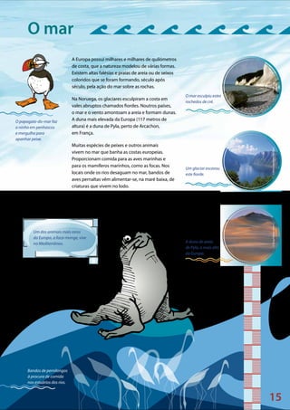 O mar
15
©Pixelio©BrianLawrence/VanParys©DougPearson/Corbis
O mar esculpiu estes
rochedos de cré.
Um glaciar escavou
este fiorde.
O papagaio-do-mar faz
o ninho em penhascos
e mergulha para
apanhar peixe.
A duna de areia
de Pyla, a mais alta
da Europa.
Bandos de pernilongos
à procura de comida
nos estuários dos rios.
Um dos animais mais raros
da Europa, a foca-monge, vive
no Mediterrâneo.
A Europa possui milhares e milhares de quilómetros
de costa, que a natureza modelou de várias formas.
Existem altas falésias e praias de areia ou de seixos
coloridos que se foram formando, século após
século, pela ação do mar sobre as rochas.
Na Noruega, os glaciares esculpiram a costa em
vales abruptos chamados fiordes. Noutros países,
o mar e o vento amontoam a areia e formam dunas.
A duna mais elevada da Europa (117 metros de
altura) é a duna de Pyla, perto de Arcachon,
em França.
Muitas espécies de peixes e outros animais
vivem no mar que banha as costas europeias.
Proporcionam comida para as aves marinhas e
para os mamíferos marinhos, como as focas. Nos
locais onde os rios desaguam no mar, bandos de
aves pernaltas vêm alimentar-se, na maré baixa, de
criaturas que vivem no lodo.
 