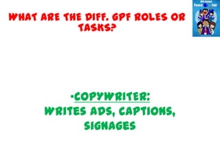 WHAT ARE THE DIFF. GPF ROLES OR
           TASKS?




          •COPYWRITER:
      Writes ads, captions,
            signages
 