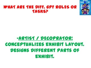 WHAT ARE THE DIFF. GPF ROLES OR
           TASKS?




    •ARTIST / DECOPRATOR:
Conceptualizes exhibit layout.
  Designs different parts of
            exhibit.
 