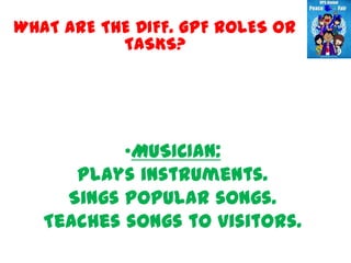 WHAT ARE THE DIFF. GPF ROLES OR
           TASKS?




           •MUSICIAN:
      Plays instruments.
     Sings popular songs.
   Teaches songs to visitors.
 