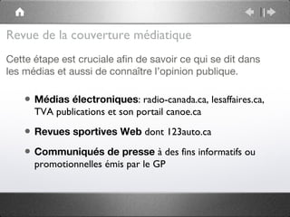 Revue de la couverture médiatique
Cette étape est cruciale afin de savoir ce qui se dit dans
les médias et aussi de connaître l’opinion publique.

    • Médias électroniques: radio-canada.ca, lesaffaires.ca,
      TVA publications et son portail canoe.ca

    • Revues sportives Web dont 123auto.ca
    • Communiqués de presse à des fins informatifs ou
      promotionnelles émis par le GP
 