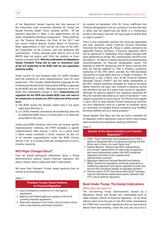 34
GREENPOINT FINANCIAL PERSPECTIVES SUMMER 2017
of the Republican Senate majority, but also because of
the historically close connection between Mr. Trump and
Senate Minority Leader Chuck Schumer (D-NY). Of the
positions described in Table 2, four appointments can be
made immediately following inauguration. These positions
are: the Treasury Secretary; the Chair of the SEC;16
and
two vacant Federal Reserve System Board of Governors.
Other appointments in 2017 will be: the Chair of the FDIC;
the Comptroller of the Currency; and one additional SEC
commissioner. Finally, although Janet Yellen’s term at the
BGFRS does not expire until 2024, her position as Chair
expires in January2018. With the confirmation of a Republican
Senate, President Trump will be able to reconstruct most
of the U.S. leadership to the BCBS with his own appointees
relatively swiftly.
Under current U.S. law, Congress vests U.S. GHOS members
with the authority to write implementation rules for bank
supervision. This includes implementation language for the
Fundamental Review of the Trading Book (FRTB), as approved
by the BCBS and the GHOS. Although leadership of the U.S.
GHOS will undoubtedly change in 2017, implementing U.S.
regulation for the FRTB and related BCBS rules will need to
be created prior to January 1st,2019 unless one of two events
occur:
1)	 The BCBS revises the formally stated rules it has spent
eight years devising; or
2)	 U.S. GHOS members, directed by new leadership, elect not
to implement BCBS rules on a timely basis or as otherwise
proscribed in the rules.
Unlike past BCBS initiatives, which did not include specific
implementation timelines, the FRTB mandates a specific
implementation date: January 1, 2019. As a result, event
2 above would constitute a direct violation by the U.S.
of its member responsibilities under the BCBS Charter,
Section 5 (e). It is unclear what the consequences of such a
violation would be.
Will Major Changes Occur?
First, we should distinguish information about a Trump
Administration’s posture toward financial regulation into
what is known, what is likely, and what is speculation.
We know from President Trump’s stated positions that he
intends to do the following:
Table 3
President Trump’s Stated Positions
on Financial Regulation
1.	 Issue a temporary moratorium on new agency
regulations.
2.	 Require each federal agency to prepare a list of all
currently imposed regulations.
3.	 Rank each regulation from most critical to least critical
with a view towards prioritized removals.17
As recently as November 11th, Mr. Trump reaffirmed that
“financial deregulation” will be a priority in his first few days
in office, that the Dodd-Frank Act (DFA) is a “tremendous
burden to the banks” and that “we have to get rid of [the DFA]
or make it smaller.”18
There is also reasonable visibility into some key appointees
and their positions. House Financial Services Committee
Chairman Jeb Hensarling (R., Texas) is widely rumored to be
appointed Treasury Secretary. A financial regulatory reform
bill he sponsored in September, 2016 largely overlaps with
work performed by former SEC commissioner and DFA critic
Paul Atkins19
. Mr.Atkins is widely reported to be spearheading
recommendations on financial deregulation policy. The
websites of both Mr. Hensarling and Mr. Atkins indicate that
they are fiercely opposed to Title II (Orderly Liquidation
Authority) of the DFA which provides for FDIC-facilitated
receivership of large banks that are in danger of default. Mr.
Hensarling is also a fierce critic of the Financial Stability
Oversight Council (FSOC)20
and the Volker Amendment to
the DFA. Another potential candidate for Treasury Secretary,
Steven Mnuchin, has been less involved in political service
and therefore has less of a public track record on regulation.
Although he publicly supports less regulation generally, Mr.
Mnuchin has been described as an “oasis of blankness”21
with
respect to positions on public policy. Mr. Mnuchin was tapped
in April, 2016 to head Donald Trump’s fundraising activities.
His prior experience came as a partner at Goldman Sachs,
as a purchaser of troubled finance companies (e.g. OneWest,
formerly IndyMac) and as a movie producer.22
House Speaker Paul Ryan also has put forth a detailed list
of regulatory reform aspirations, many of which have already
been converted into legislation awaiting ratification.
Table 4
Speaker of the House Initiatives on Financial
Regulation23
1.	 FSOC: Place restrictions and transparency on FSOC’s
ability to designate SIFIs including eliminating the $50
Billion test in favor of a multi-factor test24
2.	 Federal Reserve. Preserve the FRS’s independence,
but increase requirements for reporting, transparency
and, most substantially, subject the Fed’s prudential
regulatory activities to the congressional
appropriations process25
3.	 Regulatory Reduction through Benefit-Cost Analysis
(BCA). Streamline regulations, eliminate duplicative or
conflicting regulation and require regulators to take into
account the cumulative weight of regulatory burden26
4.	 Harmonization of OTC Derivative Rules. Build “seamless
rules for derivatives market participants” between SEC,
CFTC and prudential regulators.
Basel Under Trump: The Global Implications
Where does this leave us?
The still-forming Trump administration, backed by a
Republican House and Senate, will undoubtedly push to
make dramatic reforms to financial regulation. So far, these
reforms seem to be focused on the DFA, Volker Amendment,
the CFPB, Title II and other regulations that are perceived to
detract from bank lending. Given the size and clout of U.S.
 