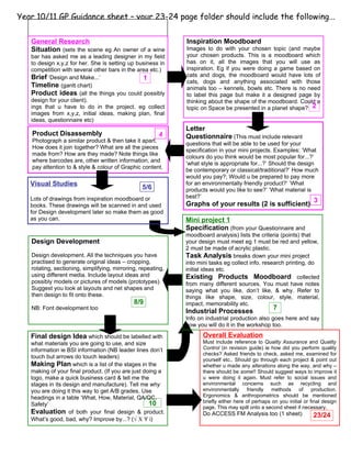 Year 10/11 GP Guidance sheet – your 23-24 page folder should include the following...


   General Research                                           Inspiration Moodboard
   Situation (sets the scene eg An owner of a wine            Images to do with your chosen topic (and maybe
   bar has asked me as a leading designer in my field         your chosen products. This is a moodboard which
   to design x,y,z for her. She is setting up business in     has on it, all the images that you will use as
   competition with several other bars in the area etc.)      inspiration. Eg if you were doing a game based on
   Brief ‘Design and Make...’                                 cats and dogs, the moodboard would have lots of
                                                1             cats, dogs and anything associated with those
   Timeline (gantt chart)                                     animals too – kennels, bowls etc. There is no need
   Product ideas (all the things you could possibly           to label this page but make it a designed page by
   design for your client).                                   thinking about the shape of the moodboard. Could a
   ings that u have to do in the project. eg collect          topic on Space be presented in a planet shape? 2
   images from x,y,z, initial ideas, making plan, final
   ideas, questionnaire etc)
                                                              Letter
    Product Disassembly                                 4     Questionnaire (This must include relevant
    Photograph a similar product & then take it apart.
                                                              questions that will be able to be used for your
    How does it join together? What are all the pieces
                                                              specification in your mini projects. Examples: ‘What
    made from? How are they made? Note things like
                                                              colours do you think would be most popular for...?’
    where barcodes are, other written information, and
                                                              ‘what style is appropriate for...?’ Should the design
    pay attention to & style & colour of Graphic content.
                                                              be contemporary or classical/traditional?’ How much
                                                              would you pay?; Would u be prepared to pay more
   Visual Studies                                             for an environmentally friendly product?’ ‘What
                                                 5/6          products would you like to see?’ ‘What material is
   Lots of drawings from inspiration moodboard or             best?’
                                                                                                                      3
   books. These drawings will be scanned in and used          Graphs of your results (2 is sufficient)
   for Design development later so make them as good
   as you can.                                                Mini project 1
                                                              Specification (from your Questionnaire and
                                                              moodboard analysis) lists the criteria (points) that
   Design Development                                         your design must meet eg 1 must be red and yellow,
                                                              2 must be made of acrylic plastic.
   Design development. All the techniques you have            Task Analysis breaks down your mini project
   practised to generate original ideas – cropping,           into mini tasks eg collect info, research printing, do
   rotating, sectioning, simplifying, mirroring, repeating,   initial ideas etc.
   using different media. Include layout ideas and            Existing Products Moodboard collected
   possibly models or pictures of models (prototypes).        from many different sources. You must have notes
   Suggest you look at layouts and net shapes and             saying what you like, don’t like, & why. Refer to
   then design to fit onto these.                             things like shape, size, colour, style, material,
                                              8/9             impact, memorability etc.
   NB: Font development too                                                                         7
                                                              Industrial Processes
                                                              Info on industrial production also goes here and say
                                                              how you will do it in the workshop too.

   Final design Idea which should be labelled with                  Overall Evaluation
   what materials you are going to use, and size                    Must include reference to Quality Assurance and Quality
   information ie BSI information (NB leader lines don’t            Control (in revision guide) ie how did you perform quality
                                                                    checks? Asked friends to check, asked me, examined for
   touch but arrows do touch leaders)
                                                                    yourself etc.. Should go through each project & point out
   Making Plan which is a list of the stages in the                 whether u made any alterations along the way, and why –
   making of your final product. (If you are just doing a           there should be some!! Should suggest ways to improve it
   logo, make a quick business card & tell me the                   u were doing it again. Must refer to social issues and
   stages in its design and manufacture). Tell me why               environmental concerns such as recycling and
   you are doing it this way to get A/B grades. Use                 environmentally     friendly   methods     of     production.
   headings in a table ‘What, How, Material, QA/QC,                 Ergonomics & anthropometrics should be mentioned
                                                    10              briefly either here of perhaps on you initial or final design
   Safety’
                                                                    page. This may spill onto a second sheet if necessary.
   Evaluation of both your final design & product.                  Do ACCESS FM Analysis too (1 sheet)               23/24
   What’s good, bad, why? Improve by...? (√ X Y i)
 