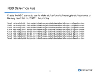 NSD DEFINITION FILE
30
Create the NSD stanza to use for disks etc/usr/local/software/gpfs-etc/nsdstanza.txt
We only need this on b740ft1, the primary
%nsd: nsd=nsdfg2disk1 device=/dev/hdisk1 usage=dataAndMetadata failuregroup=2 pool=system
%nsd: nsd=nsdfg2disk2 device=/dev/hdisk2 usage=dataAndMetadata failuregroup=2 pool=system
%nsd: nsd=nsdfg2disk3 device=/dev/hdisk3 usage=dataAndMetadata failuregroup=2 pool=system
%nsd: nsd=nsdfg2disk4 device=/dev/hdisk4 usage=dataAndMetadata failuregroup=2 pool=system
%nsd: nsd=nsdfg3disk5 device=/dev/hdisk5 usage=dataAndMetadata failuregroup=3 pool=system
%nsd: nsd=nsdfg3disk6 device=/dev/hdisk6 usage=dataAndMetadata failuregroup=3 pool=system
%nsd: nsd=nsdfg3disk7 device=/dev/hdisk7 usage=dataAndMetadata failuregroup=3 pool=system
%nsd: nsd=nsdfg3disk8 device=/dev/hdisk8 usage=dataAndMetadata failuregroup=3 pool=system
 