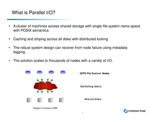 What is Parallel I/O?
GPFS File System Nodes
Switching fabric
Shared disks
• A cluster of machines access shared storage with single file system name space
with POSIX semantics.
• Caching and striping across all disks with distributed locking
• The robust system design can recover from node failure using metadata
logging.
• The solution scales to thousands of nodes with a variety of I/O.
4
Diagram courtesy of IBM
 