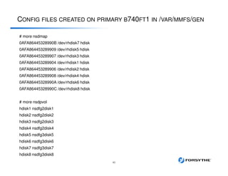CONFIG FILES CREATED ON PRIMARY B740FT1 IN /VAR/MMFS/GEN
40
# more nsdmap
0AFA86445328990B /dev/rhdisk7 hdisk
0AFA864453289909 /dev/rhdisk5 hdisk
0AFA864453289907 /dev/rhdisk3 hdisk
0AFA864453289904 /dev/rhdisk1 hdisk
0AFA864453289906 /dev/rhdisk2 hdisk
0AFA864453289908 /dev/rhdisk4 hdisk
0AFA86445328990A /dev/rhdisk6 hdisk
0AFA86445328990C /dev/rhdisk8 hdisk
# more nsdpvol
hdisk1 nsdfg2disk1
hdisk2 nsdfg2disk2
hdisk3 nsdfg2disk3
hdisk4 nsdfg2disk4
hdisk5 nsdfg3disk5
hdisk6 nsdfg3disk6
hdisk7 nsdfg3disk7
hdisk8 nsdfg3disk8
 