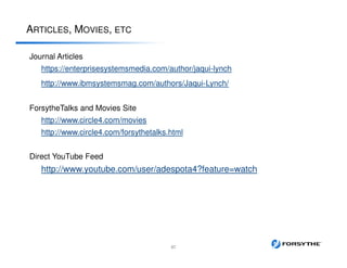 ARTICLES, MOVIES, ETC
57
Journal Articles
https://enterprisesystemsmedia.com/author/jaqui-lynch
http://www.ibmsystemsmag.com/authors/Jaqui-Lynch/
ForsytheTalks and Movies Site
http://www.circle4.com/movies
http://www.circle4.com/forsythetalks.html
Direct YouTube Feed
http://www.youtube.com/user/adespota4?feature=watch
 