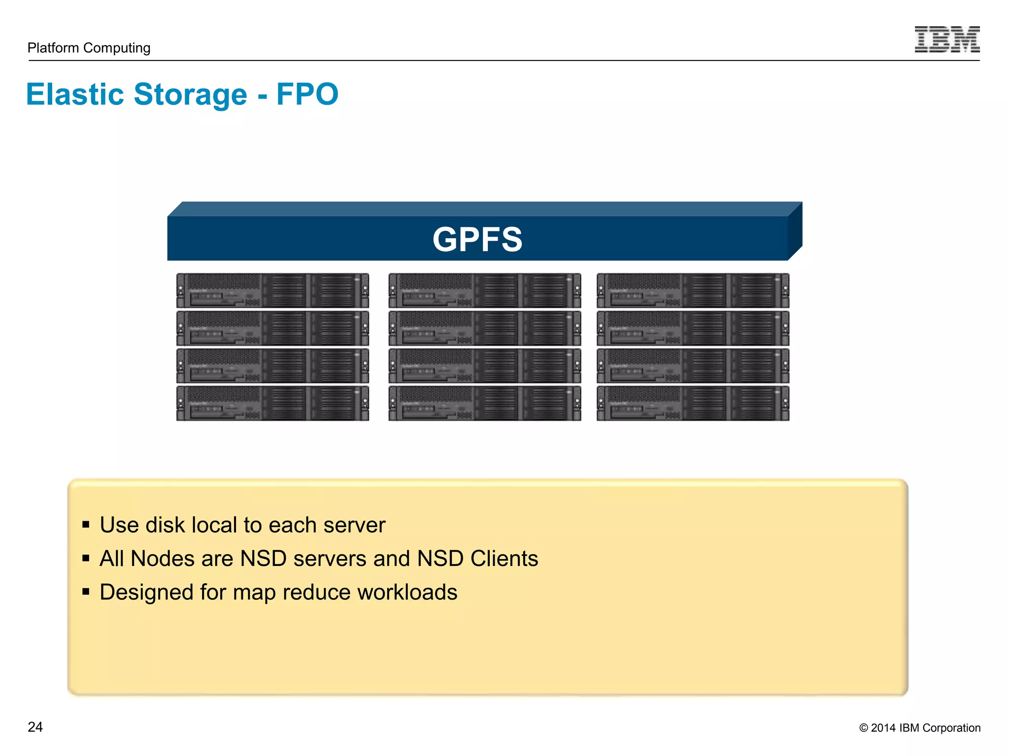 © 2014 IBM Corporation Platform Computing Elastic Storage - FPO 24 GPFS  Use disk local to each server  All Nodes are NSD servers and NSD Clients  Designed for map reduce workloads 