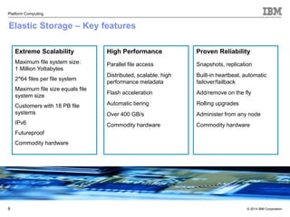 Proven Reliability 
© 2014 IBM Corporation 
Platform Computing 
Elastic Storage – Key features 
6 
Extreme Scalability 
Maximum file system size: 
1 Million Yottabytes 
2^64 files per file system 
Maximum file size equals file 
system size 
Customers with 18 PB file 
systems 
IPv6 
Futureproof 
Commodity hardware 
Snapshots, replication 
Built-in heartbeat, automatic 
failover/failback 
Add/remove on the fly 
Rolling upgrades 
Administer from any node 
Commodity hardware 
High Performance 
Parallel file access 
Distributed, scalable, high 
performance metadata 
Flash acceleration 
Automatic tiering 
Over 400 GB/s 
Commodity hardware 
 