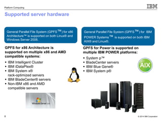 General Parallel File System (GPFS™) for IBM 
POWER Systems™ is supported on both IBM 
AIX® and Linux®. 
© 2014 IBM Corporation 
Platform Computing 
Supported server hardware 
GPFS for x86 Architecture is 
supported on multiple x86 and AMD 
compatible systems: 
 IBM Intelligent Cluster 
 IBM iDataPlex® 
 IBM System x® 
rack-optimized servers 
 IBM BladeCenter® servers 
 Non-IBM x86 and AMD 
compatible servers 
8 
 System p™ 
 BladeCenter servers 
 IBM Blue Gene® 
 IBM System p® 
General Parallel File System (GPFS™) for x86 
Architecture™ is supported on both Linux® and 
Windows Server 2008. 
GPFS for Power is supported on 
multiple IBM POWER platforms: 
 