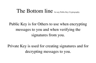 The Bottom line 

for any Public Key Cryptography

Public Key is for Others to use when encrypting 
messages to you and when verifying the 
signatures from you.
Private Key is used for creating signatures and for 
decrypting messages to you.

 
